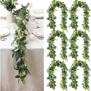 6pcs Artificial Eucalyptus Garland, 5.91 Feet Faux Greenery Artificial Hanging Fake Leaves Vines for Wedding Backdrop Arch Table Wall Party Home Mantle Decor(Eucalyptus Garland Fruits)