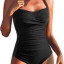 Aqua Eve Women Tummy Control Bathing Suits Halter One Piece Swimsuits Ruched Mesh Vintage Swimwear (Medium)