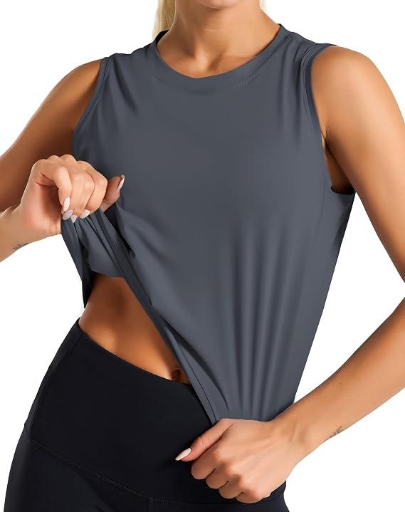 Dragon Fit Womens Sleeveless Workout Tank Tops Cropped Running Yoga Shirts | Ice Silk, Relaxed Fit, Quick-Dry, Mid-Length, UPF 50+, Lightweight, High Elasticity, Subtle Reflective Logo, Daily Workout , Charcoal Gray Small