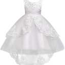 Flower Girls Vintage High-Low Tulle Lace Beaded Rhinestone Wedding Bridesmaid Dress Formal Princess Pageant Birthday Party Special Occasion Retro Dance Evening Tutu Ball Gowns White 13-14 Years