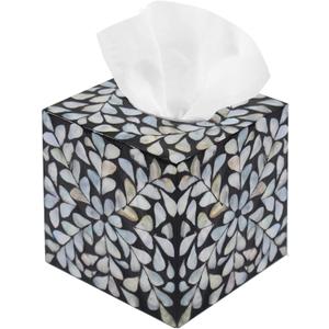 PEMAR 5.9 Handmade Mother of Pearl Tissue Box Cover  Acacia Wood Cube, 5.35 Interior Fits 5 Square Boxes, Sliding Bottom, Lacquer Rustic Farmhouse Decor (White Leaves)