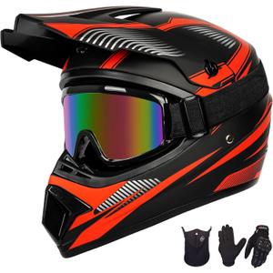 Youth Dirt Bike Helmet Set Includes Gloves, Goggles, Mask, Ideal Helmet for Kids 8-14, Premium Safety Gear for Dirt Bike Helmets Enthusiasts - DOT Approved (Red, M)