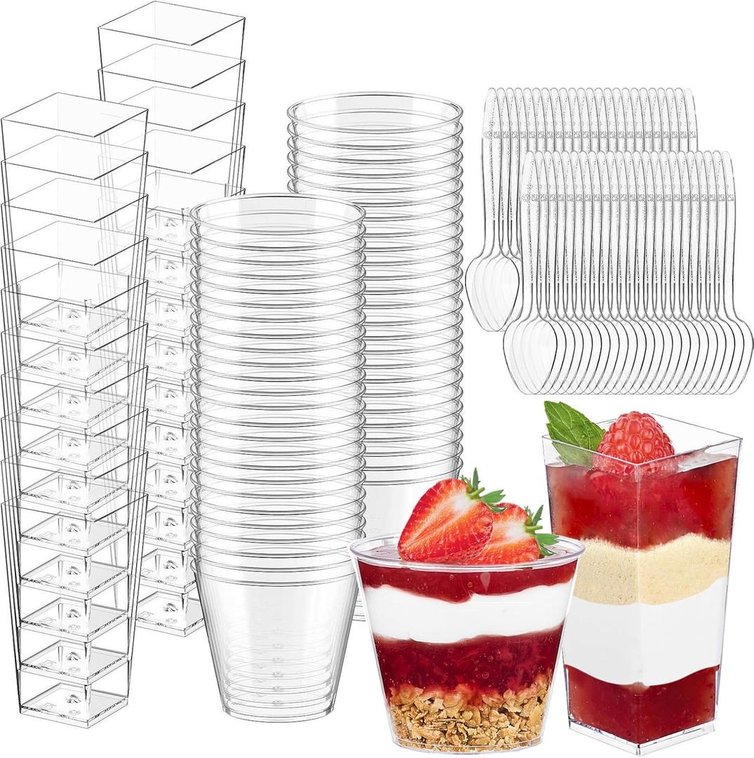 Soelomu Mini Plastic Dessert Cups with Spoons 200 Pcs | Serves 100 | 5 OZ Round and 3 OZ Square Dessert Shooters | Small Party Serving Cups for Parfait, Appetizers, Dessert Shot Glasses Set