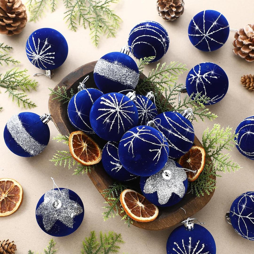 Namalu 24 Pcs Royal Blue Velvet Glitter Christmas Ball Ornaments Bulk 2.36" Flocked Christmas Tree Ball Ornaments Set Shatterproof Xmas Bulbs Tree Decorations for Holiday Wedding Party Decor