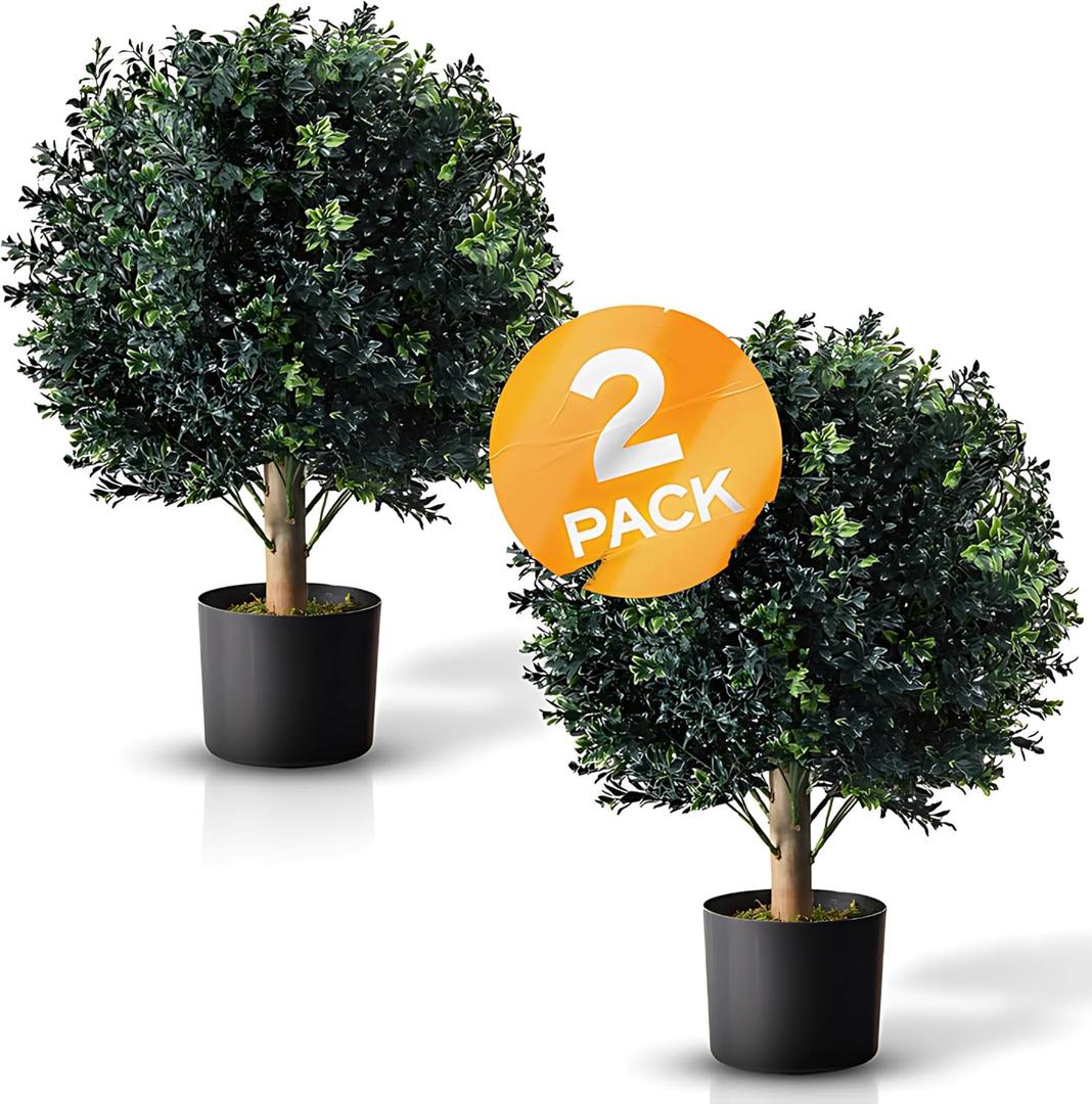 BOTARO TRESIL Set of 2 - Pre-Potted 24" High Ball Shaped Boxwood Topiary- 16" Diameter - Plastic Pot (23")