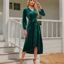 Women's Velvet V Neck Puff Sleeve Dress for Wedding Guest Cocktail Elegant Bodycon Party Midi Dress (Green)