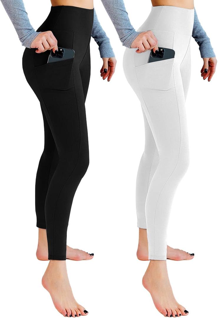 Leafigure 2 Pack Leggings with Pockets for Women, High Waisted Soft Leggings for Yoga Gym (S)