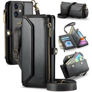 Strapurs Wallet Case Compatible with iPhone 11 RFID Blocking 7-Card Holder Soft PU Leather Magnetic Snap Shoulder Strap Zipper Pocket Phone Case Fit for iPhone 11 for Women 6.1" - Black