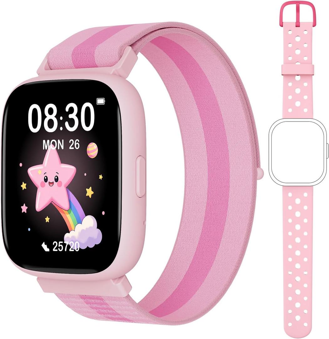 Smart Watch for Kids No Phone No APP Needed, 1.83" Fitness Tracker Watch with Pedometer, Step Counter Heart Rate/Sleep Monitor, IP68 Waterproof, Puzzle Games for Girls Teens 5-12, Nylon (Pink)