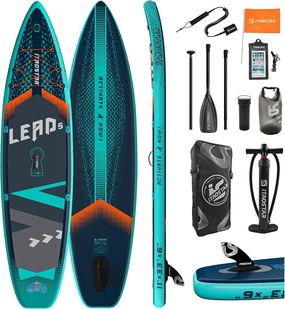 Lead 11 x 33" / 1235" Inflatable Stand Up Paddle Board - Premium SUP Board Kit - Ultra Stable Paddleboard for Adults & Youth - All Skill Levels - for Lakes, Oceans (L02C-Jet & Turquoise)