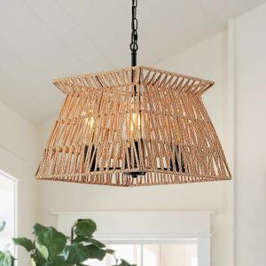 4-Light Rattan Chandelier Boho Light Fixture, 21 Hand Woven Rustic Chandeliers Farmhouse Vintage Chandelier Hanging Light for Dining Room Kitchen Island, Living Room, Foyer