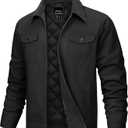 TACVASEN Men's Casual Quilted Cotton Jacket Cargo Corduroy Collar Jacket Work Shacket with 5 Pockets for Fall and Winter, Large, Black