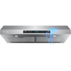 HisoHu 30 Inch Under Ducted Cabinet Range Hood with 1200 CFM, 4 Speed Gesture Sensing Kitchen Exhaust Hood & Touch Control Panel, Stainless Steel Stove Vent Hood with 2 LED Lights