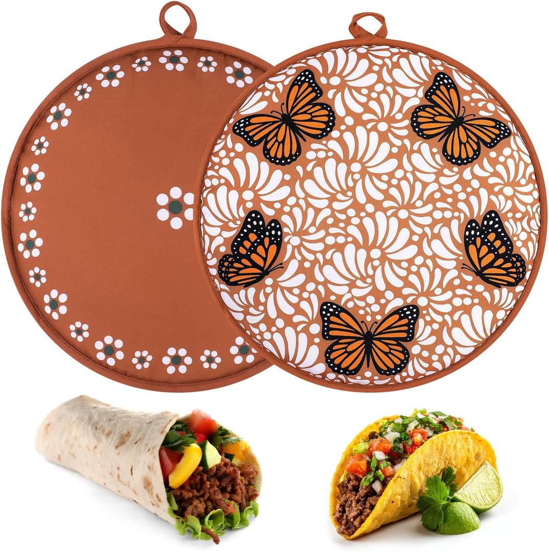 Honeydak 2 Pcs 12 Inch Tortilla Warmer Pouch, Microwavable Insulated Cloth Pouch Mexican De Barro Butterfly Tortillero Fabric Tortilla Keeper Taco Holder for Tortillas, Tacos, Naan, Pizza Rolls