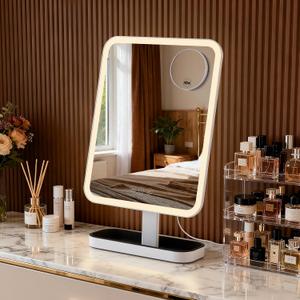 Hollywood Vanity Mirror with Lights: 15"x12" Large Lighted Makeup Mirror, Smart Touch with 3-Color Lighting, Dimmable, 30 Rotation Led Light up Mirrors with Storage - Plug in, White