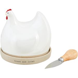 Mud Pie Hen Stoneware, cloche 5" x 5 1/2" | knife 5 1/4", WHITE