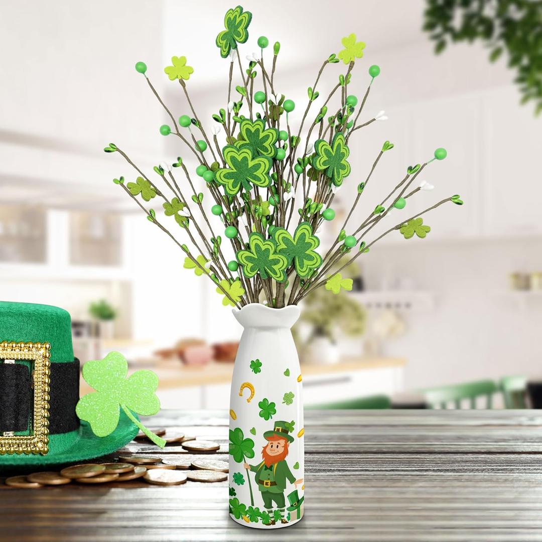 St Patricks Day Decorations, Saint Patricks Day Table Decor - Artificial Flowers 3 PCS with Vase, Leprechaun St Patricks Decor for Home, Dining Table, Bedroom, Shamrock Flowers Gifts for Women