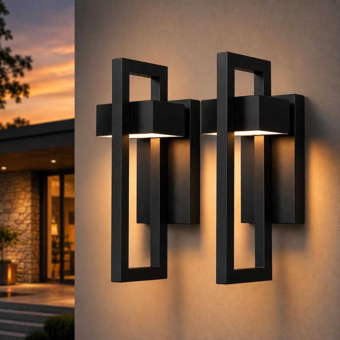Modern LED Outdoor Wall Lights, Matte Black Waterproof Exterior Light Fixtures for House, Warm White 3000K Porch Sconce for Garage Entryway Patio, Integrated LED Hardwired, 2 Pack, 13.7 Inch - 2 Pack