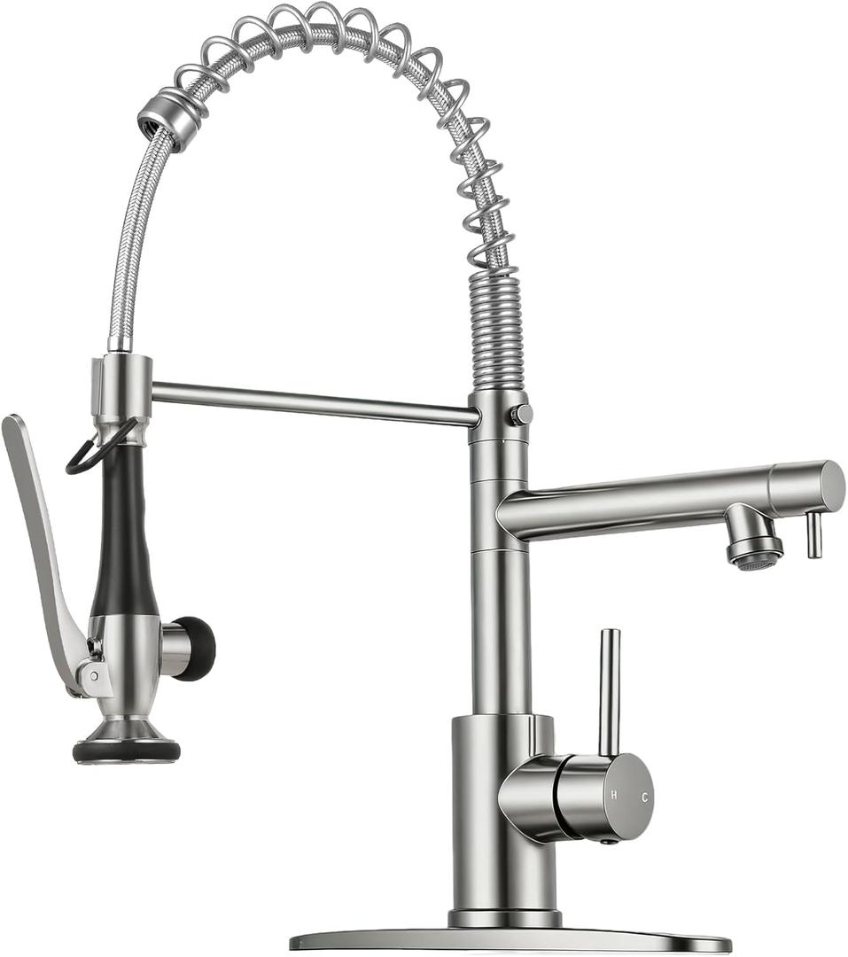 Kitchen Faucet with Pull Down Sprayer - Brushed Nickel Single Handle Commercial Kitchen Faucets, 2-Spout Stainless Steel Spring Pull Out Kitchen Sink Faucet 1/3 Hole with Deck Plate