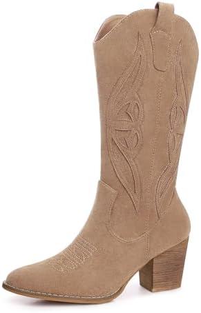 SHIBEVER Cowboy Boots for Women 2025: Mid Calf Cowgirl Boots Western Embroidered Country High Heel Pointed Toe Booties, Size 37