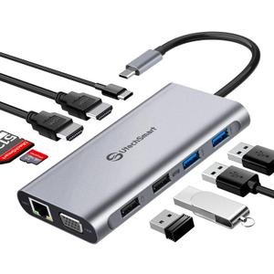 USB C Docking Station Dual Monitor, UtechSmart 11 in 1 USB C Hub Triple Display, Laptop Dock with 2 HDMI, Ethernet, VGA, 100W PD, SD/TF Card Slot, 4USB for MacBook Dell HP Surface Lenovo ASUS (Gery)