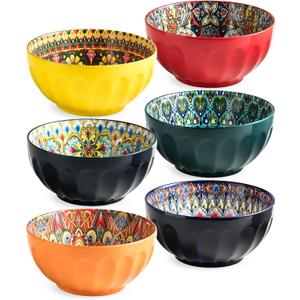 MISSYSSIM Cereal Bowls Set of 6, Bohemian Soup Bowls, 30 oz Colorful Ceramic Serving Bowls for Kitchen, Breakfast, Boho Decorative Bowl, Microwave Oven Safe Bowl for Salad, Pasta, Oatmeal