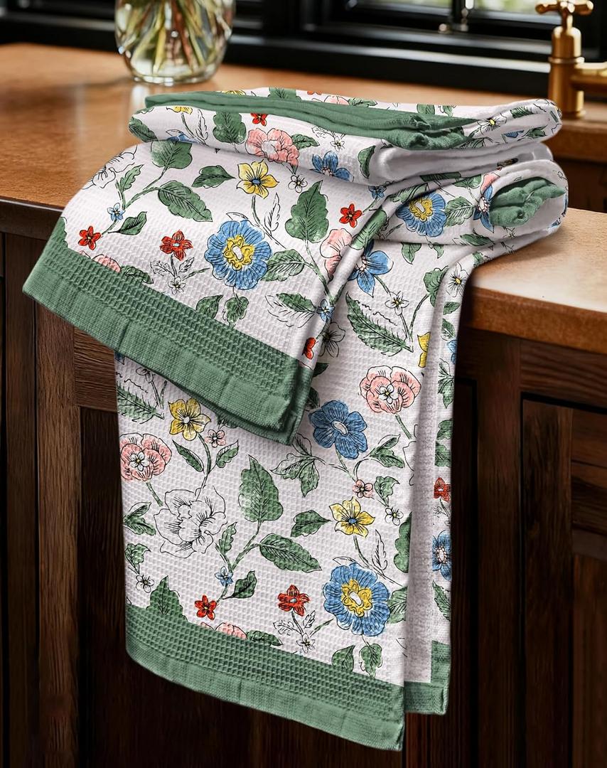 Waffle Cotton Kitchen Towels Set of 2-16x26 Inch Waffle Weave Dish Cloths with Hanging Loop Absorbent Reusable Hand Tea Towels Cute Design Home Decorative Housewarming, Leaf Flower