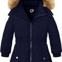 Garemcy Girls Winter Coat Long Warm Waterproof Fleece Lined Puffer Jacket With Detachable Hood & Fur Trim (11-12 Years, Navy)