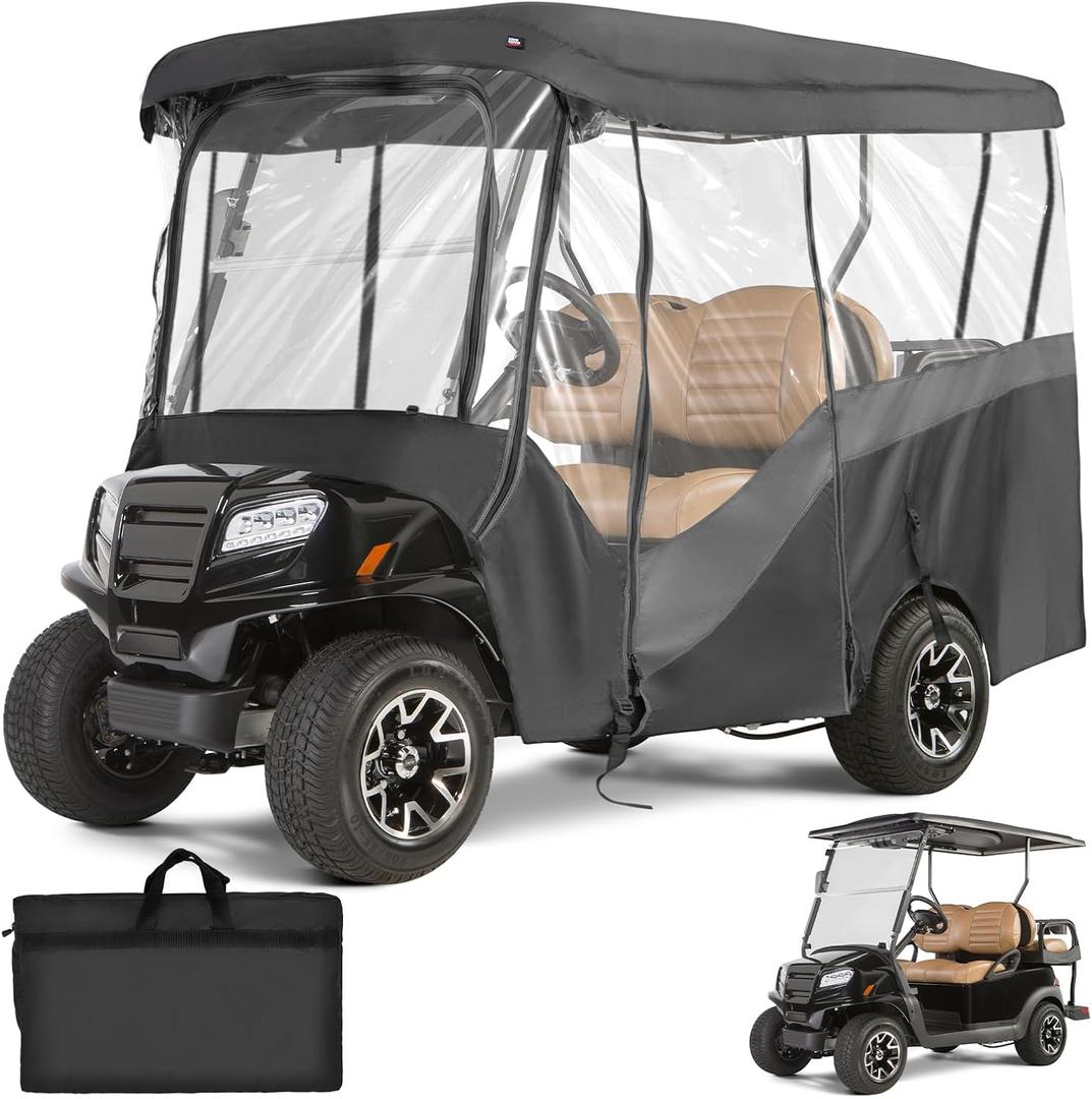 KEMIMOTO Golf Cart Enclosure, 4 Passenger Golf Cart Rain Cover, 600D Waterproof Driving Enclosure with Clear PVC Windshield for Extended Roof Golf Cart, 4 Seats (for 86-88L)