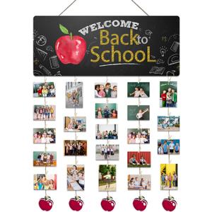 Back To School Decoration - 13'' x 5.5'' Welcome Wooden Sign With 5 Hanging Apples - Photo Hanging Display Picture Board with 30 Clips - Wall Art Classroom Wall Plaque Decor & Supplies - A01