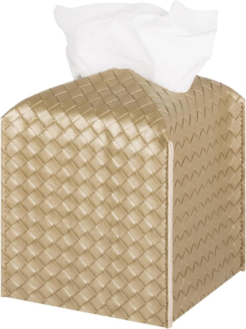 Tissue Box Cover PU Leather Tissue Holder Square Facial Tissue Case Facial Paper Organizer Dispenser for Bathroom, Vanity Countertop, Tabletop, Car, Gold