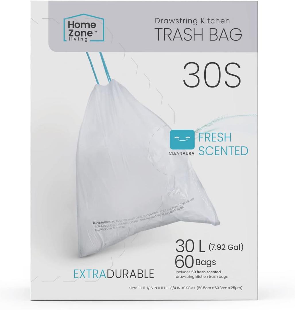 Home Zone Living 8 Gallon Kitchen Trash Bags with Drawstring Handles, Heavy Duty Custom Fit Design for Standard 30 Liter Kitchen Trash Cans, Code 30S, 60-Count