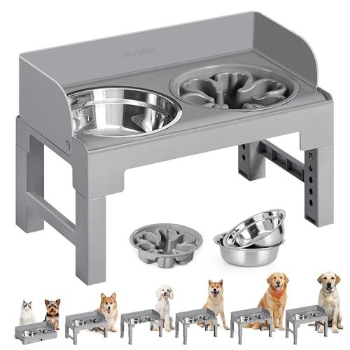 Feandrea Dog Bowls Elevated, Raised Stand with 1 Slow Feeder and Two 304 Stainless Steel Bowls, Adjustable Height and Tilted Design, Dove BLACK UPRB103GD01