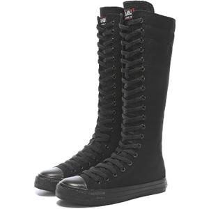 Momuk Women's Fashion Lace Up Knee High Canvas Zip Boots Girls Fancy School Shoes (10, Black)