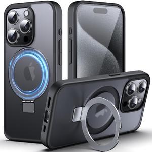DASFOND Mag-Stand Designed for iPhone 15 Pro Case, 2023 Upgraded [All-in-1] [Compatible with MagSafe] Invisible Ring Kickstand Transparent Matte Phone Case Cover for iPhone 15 Pro 6.1 inch, Black