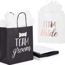 Juvale 20 Pack Bride and Groom Gift Bags with Tissue Paper for Wedding, Groomsmen, Bridesmaid, Reads Team Bride and Team Groom (8 x 4 x 9 In)