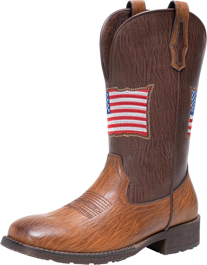 Jousen Cowboy Boots for Men Western Side Zipper American Flag Square Toe Mens Cowboy Boots With Western Square Toe, American Flag Embroidery, Easy Side Zipper, All-Day Comfort, Durable Rubber Sole, 12, Amy8423-brown