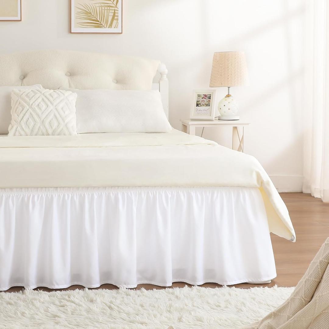 RIMELA White Bed Skirt Queen Size 15 Inch Drop, Elastic Bed Skirting for Adjustable Bed Base & Frame, Bedding Dust Ruffle Easy to Install, Wrap Around Bedskirt, Room Decoration