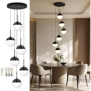Black 6-Light Dimmable Modern Chandeliers for Dining Room Chandelier Milky White Glass Globe Height-Adjustable Mid Century High Ceiling Chandelier for Living Room (Bulb & Remote Incl)