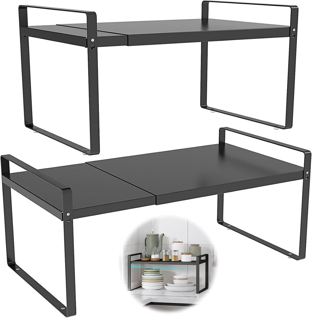 Adjustable Cabinet Shelves 9", Expandable 14~25" Metal Shelving for Pantry & Kitchen Organization, (2 Pack) Heavy-Duty Shelf Organizer, Fits Microwave, Spices, Countertop Storage