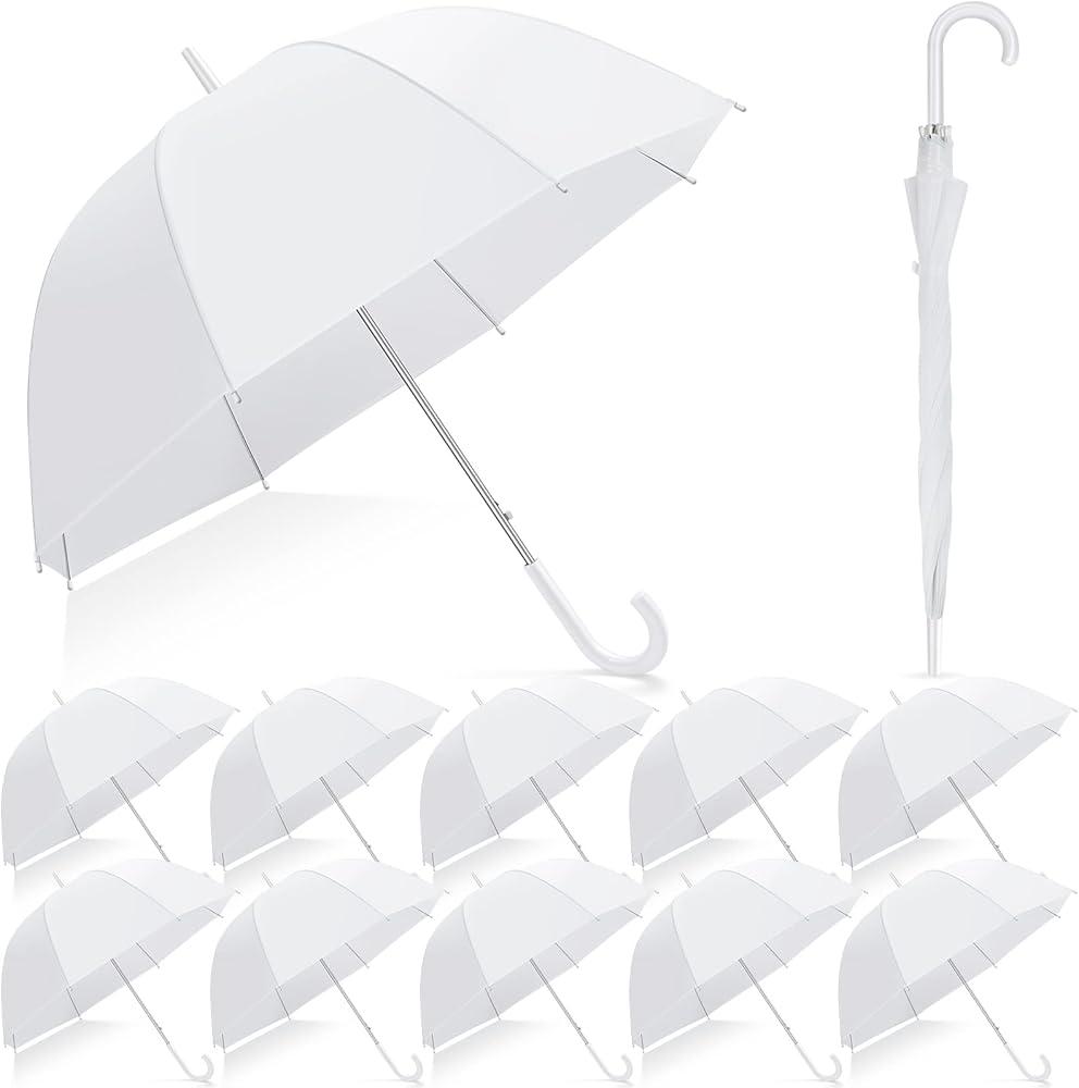 12 Pcs White Wedding Bubble Umbrellas Bulk Wedding Style Stick Umbrellas Clear Bubble Umbrella with J Hook Handle Auto Open Windproof Stick Umbrellas for Wedding Bridal Parties