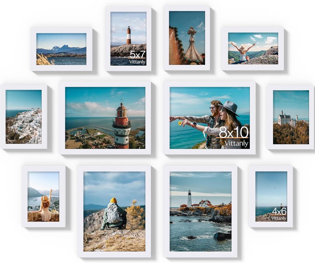Vittanly 12 Pack Picture Frames Collage Wall Decor for Mounting or Tabletop Display, Gallery Wall Frame Set for Family, Multi Sizes Including 4pcs 8x10, 4pcs 5x7, 4pcs 4x6, White