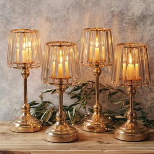 Gisafai 4 Pack 11" Gold Candle Centerpiece Hurricane Candle Holders Gold Fairy Tealight Lamp Candlestick Lamps Minimalist Nordic Glass Votive Holder Set for Wedding Tables Romantic Home Decor