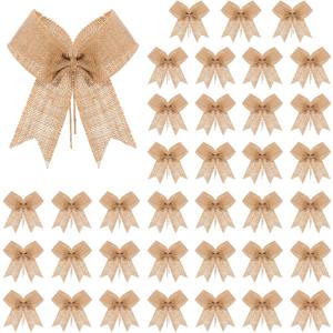 Cindeer 36 Pcs Burlap Bows Knot Handmade Beige Burlap Decorative Bowknot for Wedding Gift Wrap Birthday Holiday Party Home Rustic Decor 6.3 x 5.5 Inch