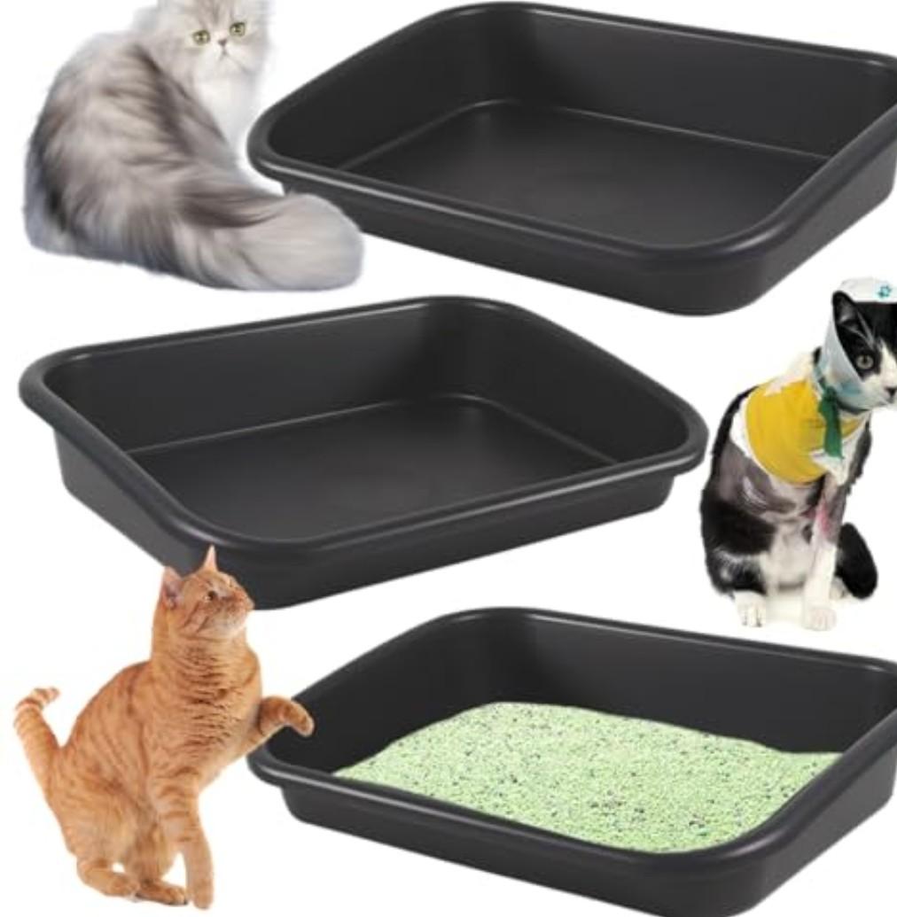 3 Pcs Low Entry Senior Cat Litter Box,Extra Large Size Pet Litter Box Low Entry Open Top Cat Litter Box for Kitten Frail Handicap Disabled Older Elderly Cats and Kitten,Easy to Clean (Dark Gray)