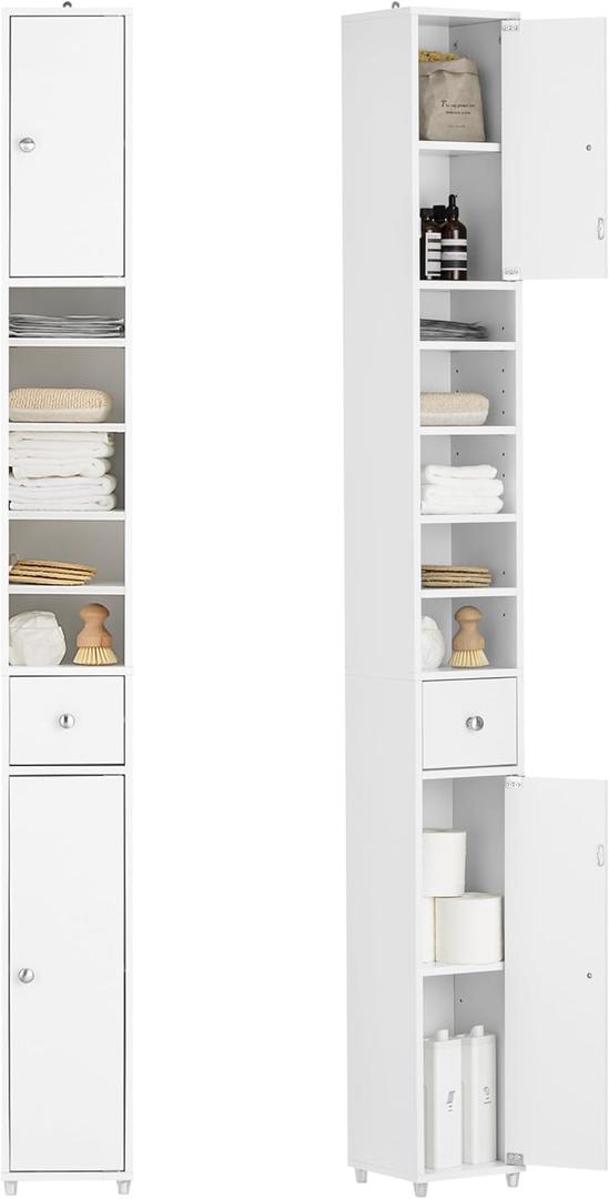SoBuy Bathroom Narrow Storage Cabinet, Skinny Tall Unit with Adjustable Shelves Slender, Bathroom Organizers and Storage, Anti-Tipping Floor Standing Cupboard Laundry Room, White BZR34-W