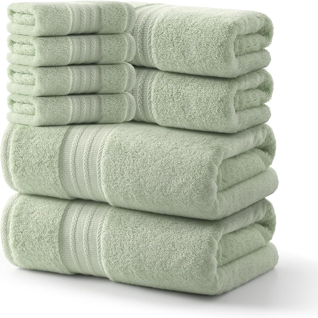 REDKISS Green Towel Set of 8-100% Cotton Luxury Bath Towels Set for Bathroom, 600 GSM Highly Absorbent Bathroom Towel with 2 Large Bath Sheet, 2 Hand, 4 Washcloths, Green Shower Towels for Dorm