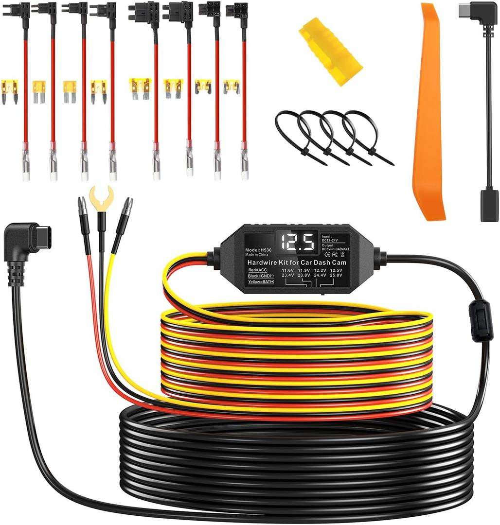 Dash Cam Hardwire Kit USB C with Acc Detection, 12V-24V to 5V/3A Adapter Power Cable with Voltage Display, 4-Level Low Voltage Protection for Dash Camera 24/7 Parking Mode & Continuous Recording