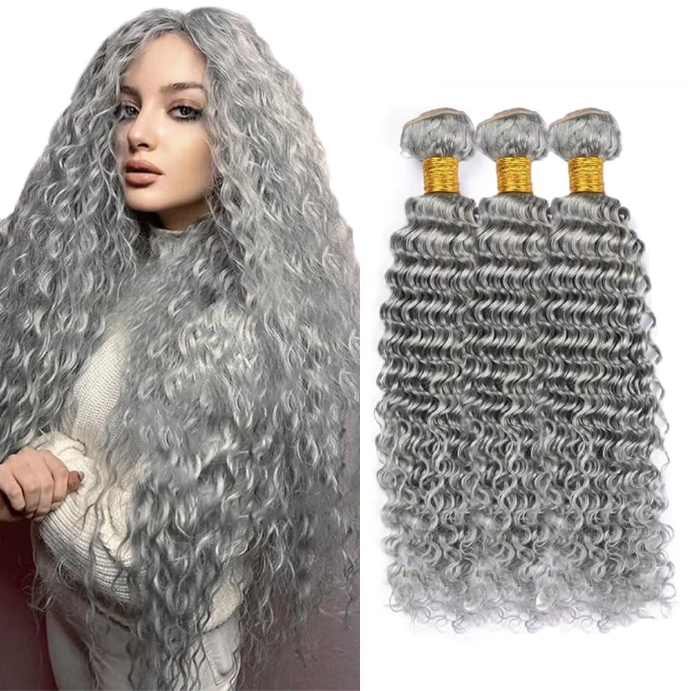 Giginger Sliver Grey Bundles Human Hair 300g 12 14 16 inch Deep Wave Human Hair Bundles Soft Sewn In 12A Unprocessed 100% Quick Weave for Black Women