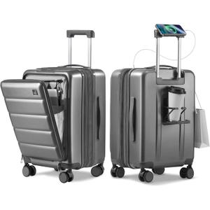 Expandable 20Inch Carry On Luggage Airline Approved - Front Pocket Travel Suitcase 100% PC Unbreakable -with Cup Holder,USB Charge,Side Pothook, 360Spinner Wheels, TSA Lock-Grey